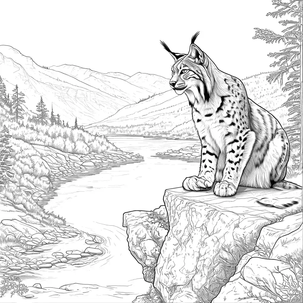 Lynx coloring page with serene landscape, resting on rocky ledge overlooking river coloring page
