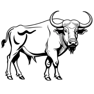 Side profile of a detailed Water Buffalo, provided as line art for coloring. coloring page