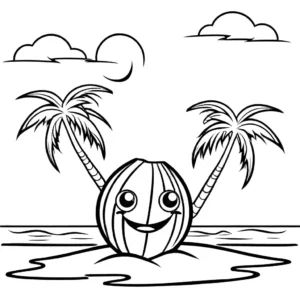 Coconut tree with silly eyes, big grin, and colorful beach balls hanging from its branches coloring page