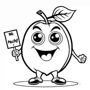 Funny cartoon peach with big eyes holding a 'Peachy!' sign coloring page