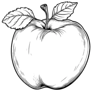A clean line drawing of a simple apple with a few leaves coloring page