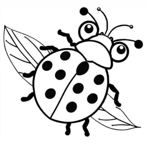 Simple ladybug with large round spots on its wings and a simple leaf in the background coloring page