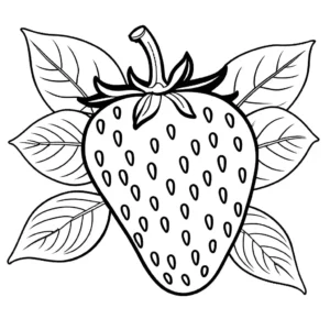 Outline of a ripe strawberry with leaves and seeds coloring page