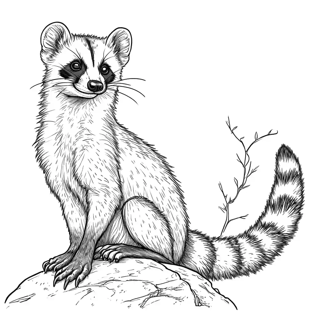 Civet with fluffy tail sitting on a rock sketch coloring page