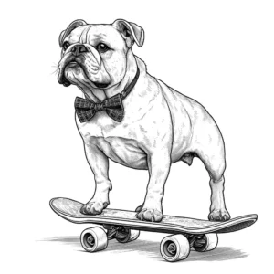 Bulldog coloring page with bowtie standing on a skateboard coloring page