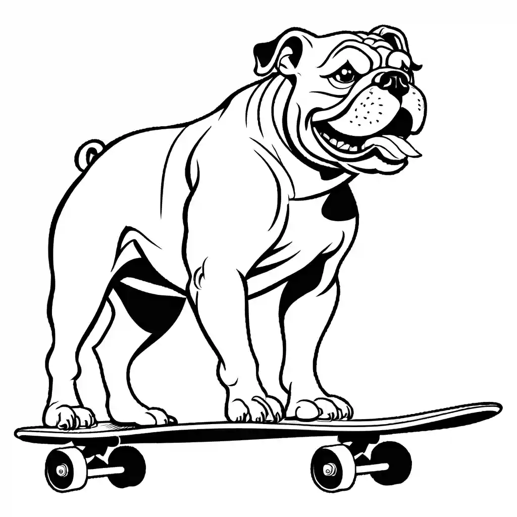 Bulldog standing on skateboard doing tricks coloring page
