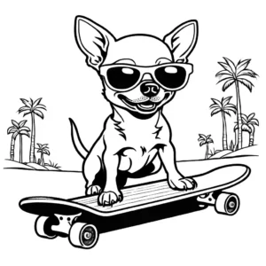 Cool chihuahua riding a skateboard and wearing sunglasses in a coloring page
