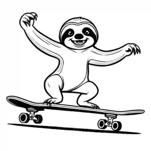 Funny sloth riding a skateboard and doing tricks at the skatepark coloring page