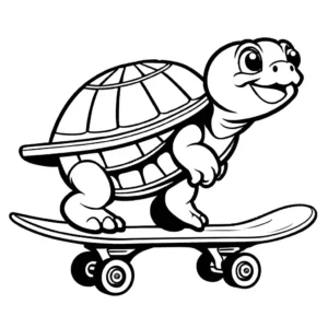 Cute turtle riding a skateboard and carrying a pizza on its back coloring page