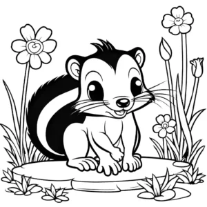 Skunk smelling a blooming flower in a garden coloring page