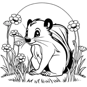 Skunk standing on grassy field with flowers around coloring page