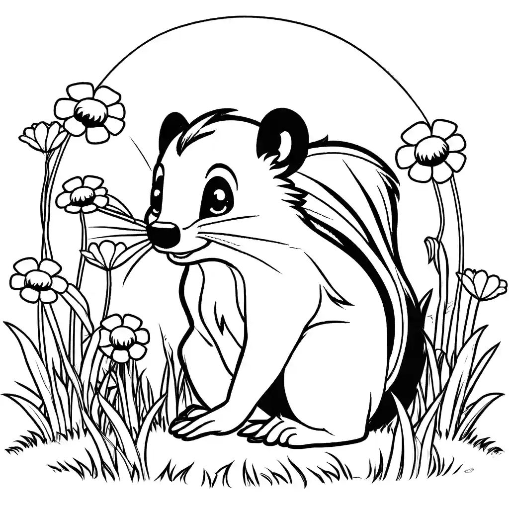 Skunk standing on grassy field with flowers around coloring page