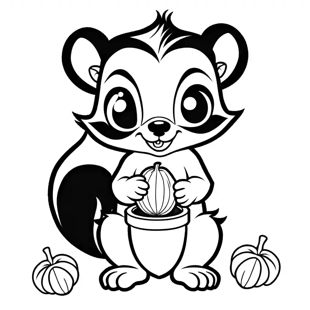 Skunk holding a large acorn in its paws coloring page