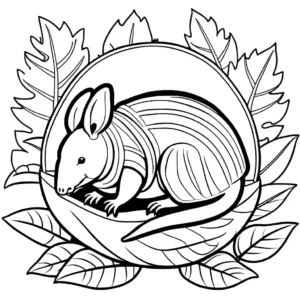 Sleepy armadillo curled up in a cozy nest of leaves and twigs coloring page