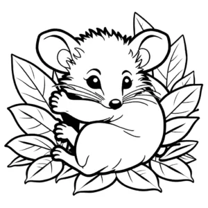 Relaxed opossum resting in leaves coloring page