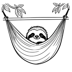 Peaceful sloth lying on a hammock in a coloring page