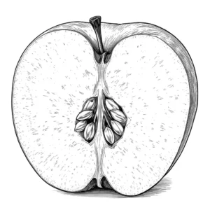 A clean line drawing of an apple sliced in half showing seeds coloring page