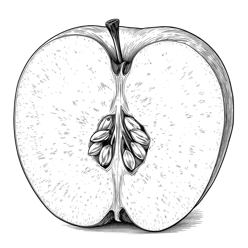 A clean line drawing of an apple sliced in half showing seeds coloring page