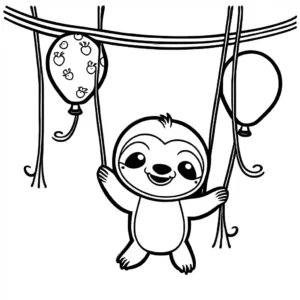 Happy sloth holding colorful balloons in a coloring page