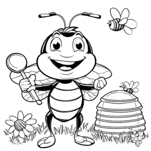 Smiling bee with honey dipper and beehive in background coloring page
