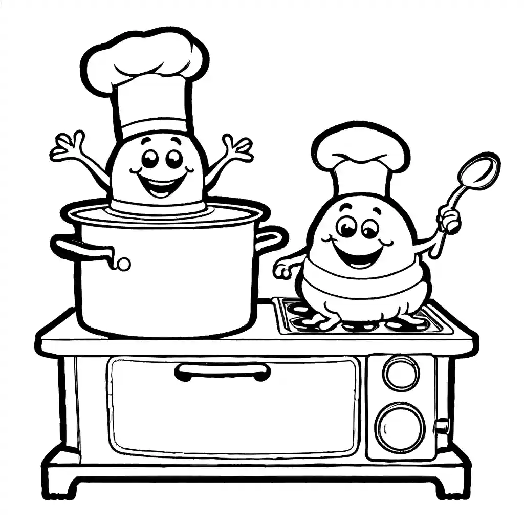 Smiling caterpillar wearing a chef's hat cooking on a tiny stove coloring page