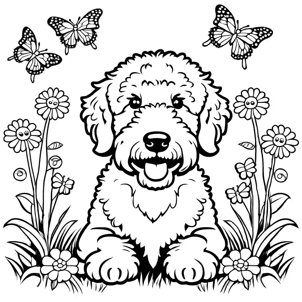 Sweet smiling Goldendoodle sitting in a garden surrounded by fluttering butterflies coloring page