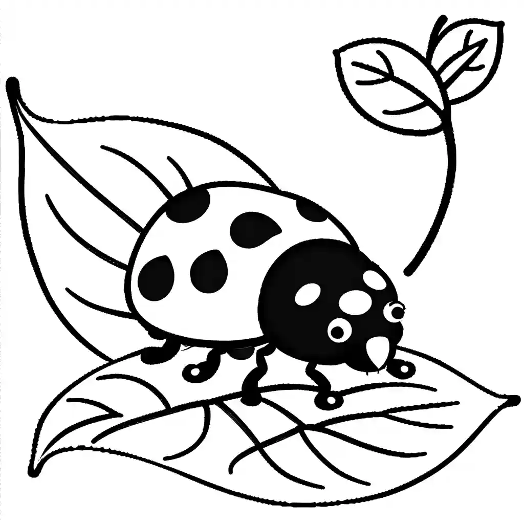 Happy red ladybug with black spots sitting on a green leaf coloring page