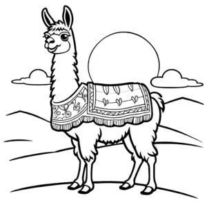 Smiling llama with decorative blanket stands on a hill coloring page