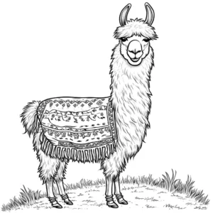 Llama coloring page with smile and patterned blanket coloring page
