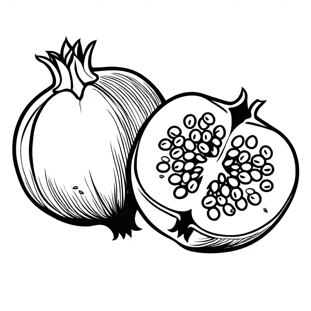 Close-up of split pomegranate with juicy seeds for coloring page