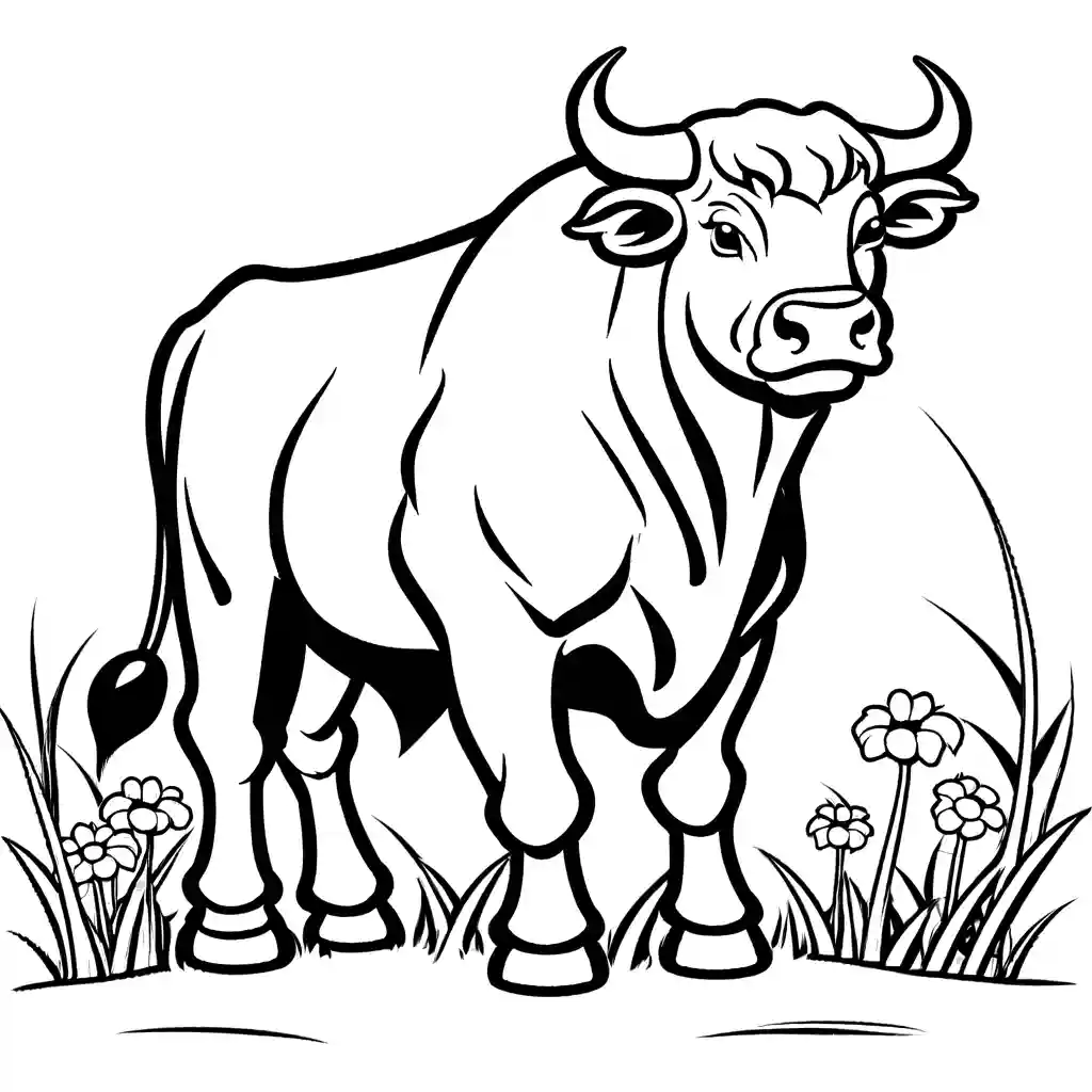 Strong bull standing in a field coloring page