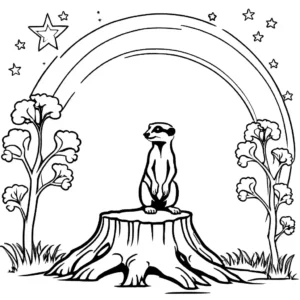 Meerkat standing on tree stump under starry night sky coloring page