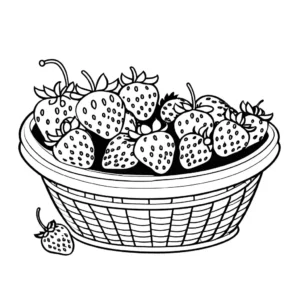 Black and white line art of a basket filled with strawberries for kids to color coloring page