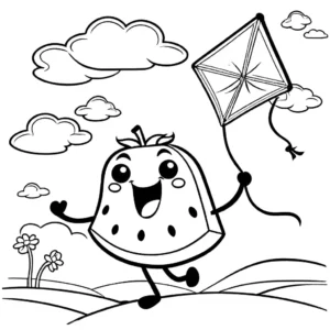 Humorous coloring page of a funny strawberry holding a watermelon kite with a laughing expression coloring page