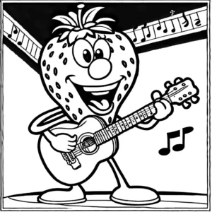 Humorous coloring page of a funny strawberry playing guitar and singing on a small stage with musical notes floating around coloring page