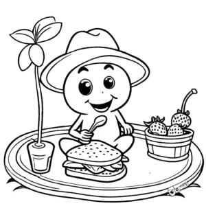 Whimsical coloring page of a funny strawberry character having a picnic with a joyful expression coloring page