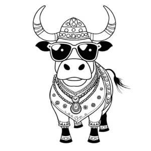 Coloring page featuring a stylish Yak in funky clothes and sunglasses, striking a dance pose. coloring page