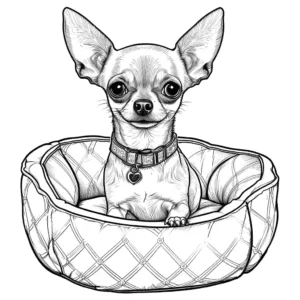 Chihuahua dog with fashionable collar sitting in comfortable dog bed coloring page