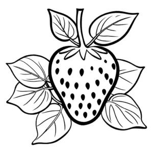 Stylized black and white outline of a strawberry with leaves and seeds coloring page