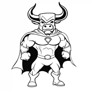 Bull in superhero costume with cape and mask, striking heroic pose coloring page