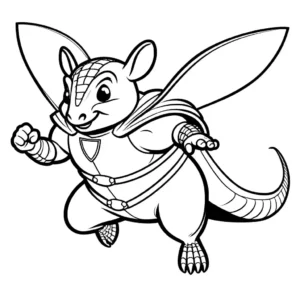 Funny armadillo wearing superhero cape flying through the air with determined expression coloring page