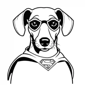 Dachshund dog wearing a superhero costume with a cape and mask coloring page