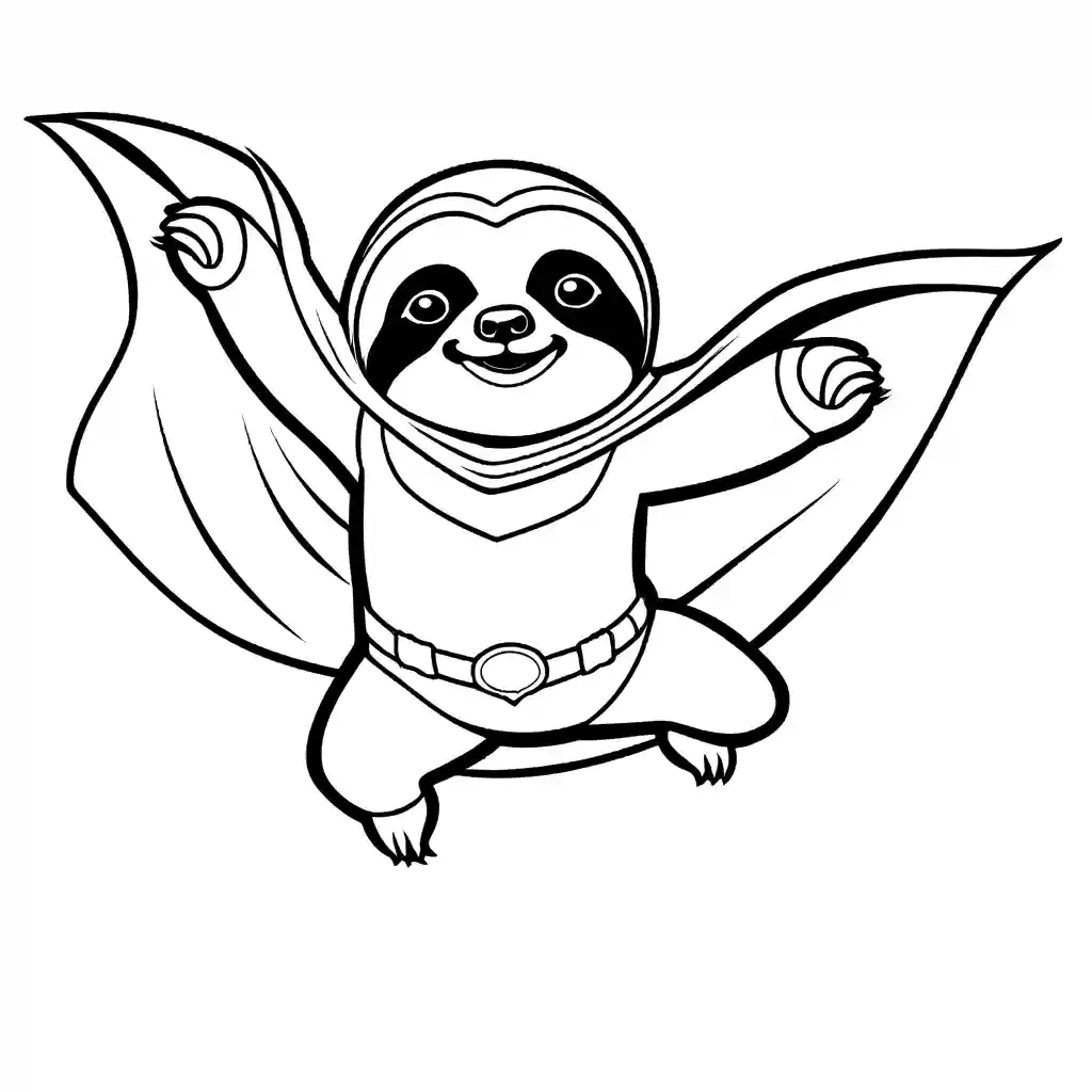 Hilarious sloth dressed as a superhero with a cape flying through the sky coloring page