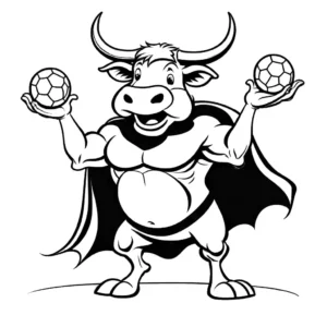 Humorous water buffalo with a superhero cape juggling three balls, against a simple background. coloring page