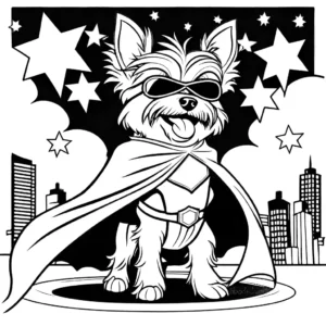 Yorkshire Terrier dog dressed as superhero flying in the sky coloring page