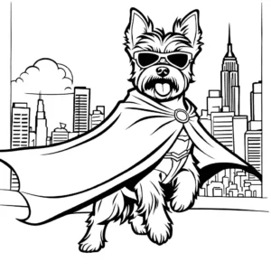 Superhero Yorkie with cape and mask flying in the city coloring page