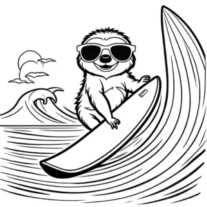 Sloth wearing sunglasses surfing on a big wave coloring page