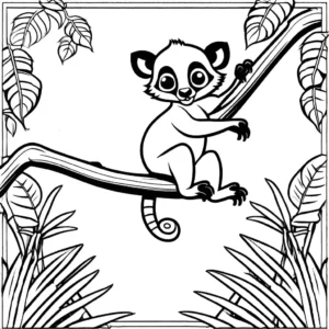 Lemur coloring page swinging from vine in jungle coloring page
