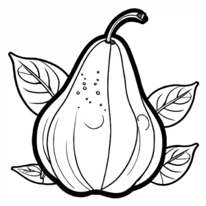 Hand-drawn illustration of textured skin pear with leaves for coloring page