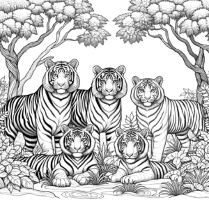 Tigers surrounded by trees and grass in a jungle setting coloring page
